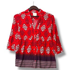 Maeve Anthropologie Womens Red Ikat Print Blouse Sz 4 Festival Boho